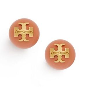 Tory Burch coral red pearl logo stud earrings